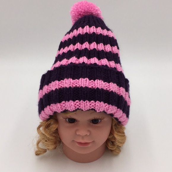 Hand Knit Girls Winter Hat + Pair of Mittens Purple & Pink Stripe - Picture 8 of 10